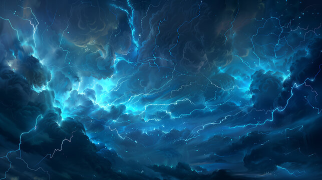 Dark fantasy sky with thunder clouds and blue lightning, in the style of fantasy art, concept art, league of legends splash art