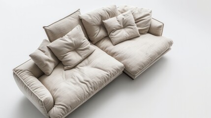 Obraz premium A white sectional sofa with numerous pillows sits on a white background. Generative AI