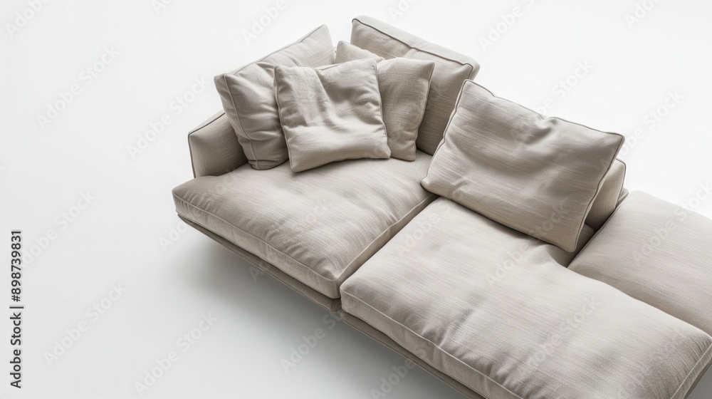 Poster A white sectional sofa with multiple pillows is shown in a studio setting. Generative AI