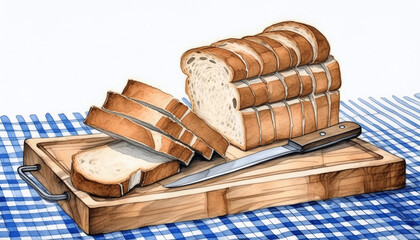 Obraz premium A delightful watercolor-style depiction of sliced bread on a cutting board