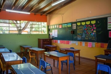 bright classroom with blackboard and desks
