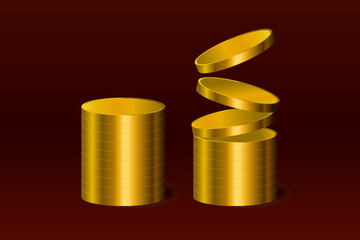 Stack of realistic golden coins illustration on dark red background 