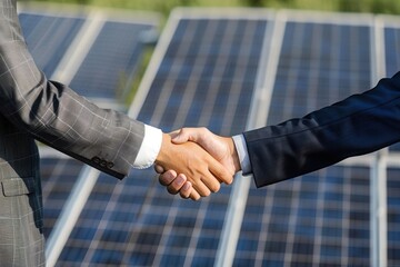 Businessmen sealing a solar panel project deal with a handshake, highlighting their commitment to green energy