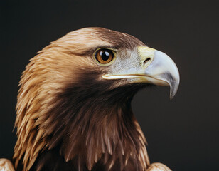 Obraz premium A majestic eagle's head, with sharp eyes and a powerful beak, on a dark background.
