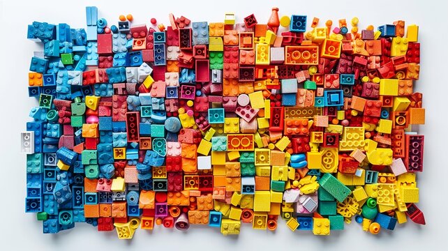 A colorful array of blocks is spread out against a white background, showcasing various shapes and sizes. This image highlights the diversity 