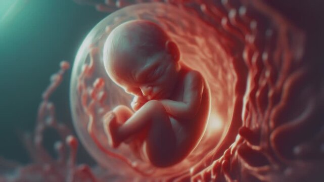 Artistic photorealistic clip of fetus in the womb. Early childhood, pregnancy, miracle of life, fertility, pro-choice, abortion rights and anti-abortion topics illustration. 