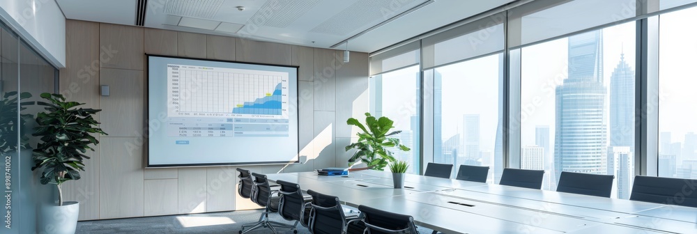 Aufkleber an empty conference room with a large whiteboard displaying financial charts and graphs, with a view