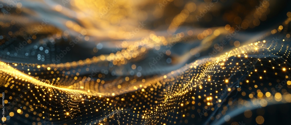 Poster golden abstract particles flowing and creating a rippling surface, ideal for technology or science t