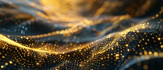 Golden abstract particles flowing and creating a rippling surface, ideal for technology or science themed backdrops
