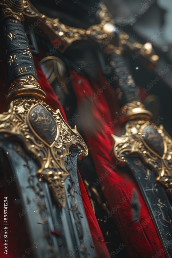 Poster a close-up view of two swords displayed together, ideal for use in historical or fantasy contexts
