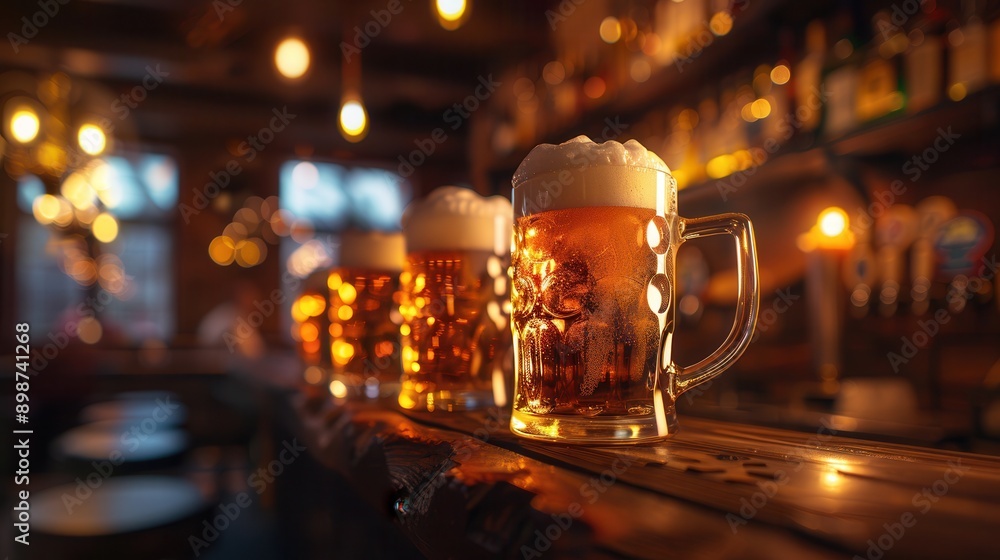 Poster beer mugs with light-colored brew and a foam head sit on a bar counter, warmly lit with a cozy vibe 