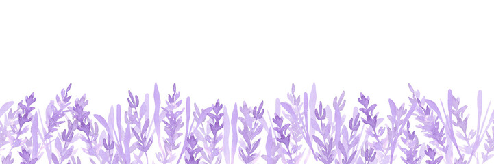 Naklejka premium Hand drawn watercolor lavender wildflower seamless frame border isolated on white background. Can be used for textile, invitation, scrapbook and other printed products.