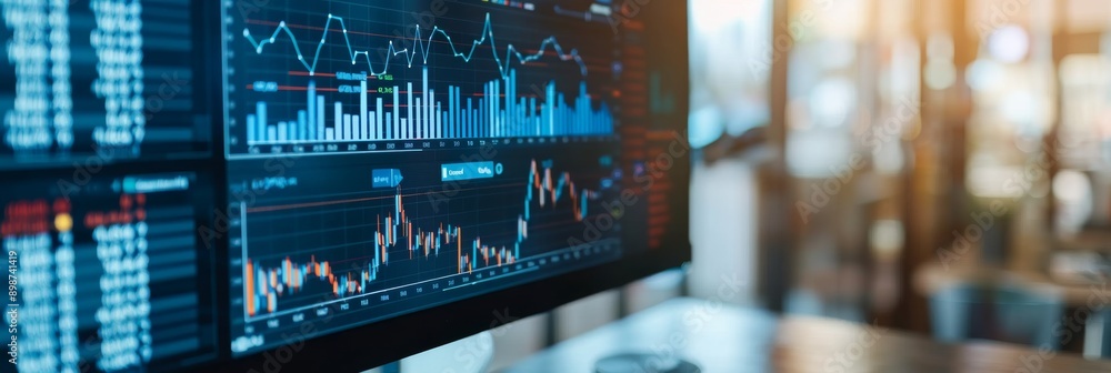 Poster a computer screen displays multiple financial charts and graphs, along with tax forms. the focus is 