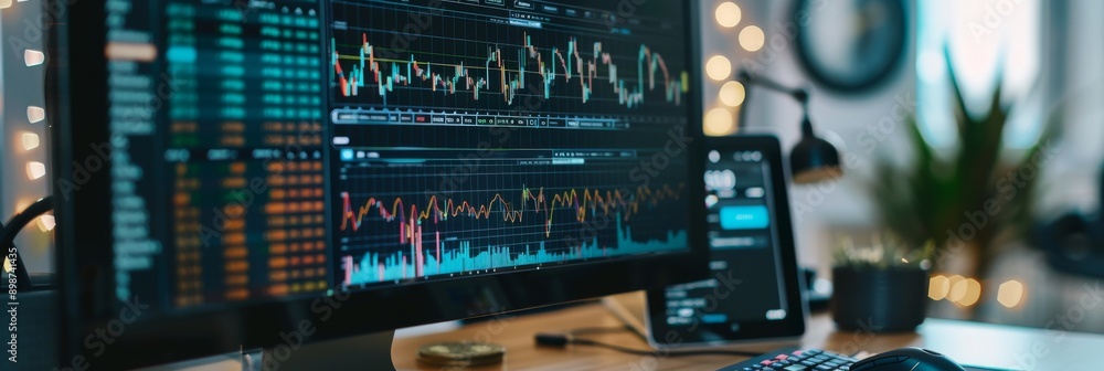 Poster a computer screen displays a digital financial chart and tax forms with a focus on the word tax in t