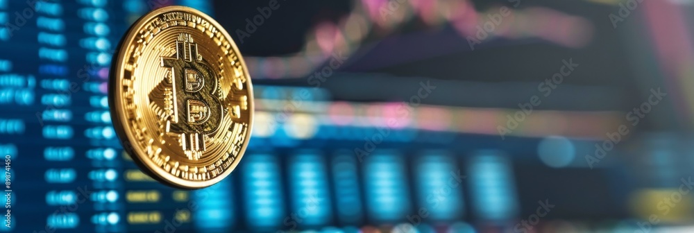 Poster a gold bitcoin coin is displayed on a computer screen. the screen shows a digital financial chart an