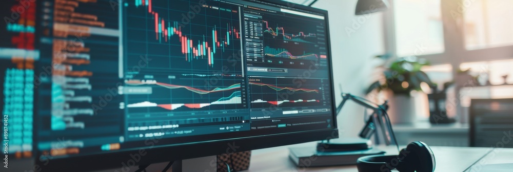 Poster a computer screen displays financial charts and tax forms in a professional office setting