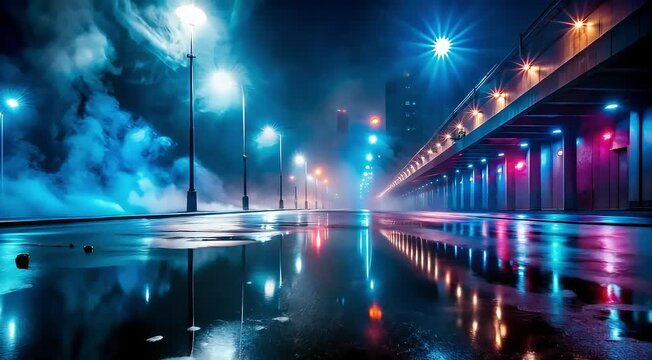 Dark street wet asphalt reflections of rays in the water Abstract dark blue background smoke sm