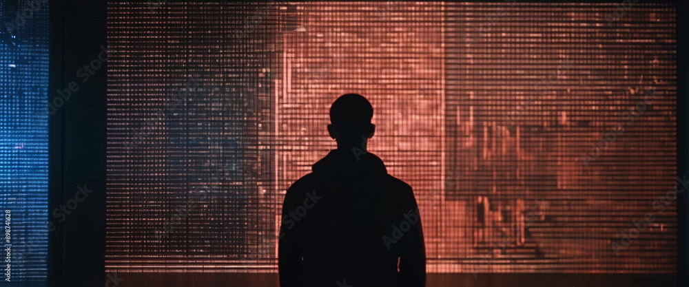 Poster person standing in front of a giant digital screen with a flow of data showing various cyber threats