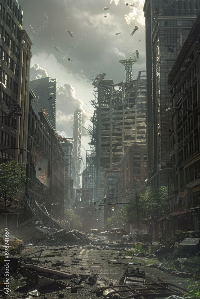 Poster post-apocalyptic cityscape with extensive damage and destruction