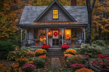 charming autumn cottage with wraparound porch pumpkins and colorful mums adorn steps warm light glows from windows fall foliage frames the cozy scene