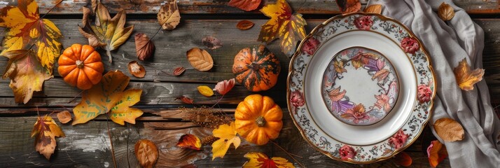 A rustic wooden table set with a decorative plate and fabric napkin, surrounded by autumn leaves and pumpkins
