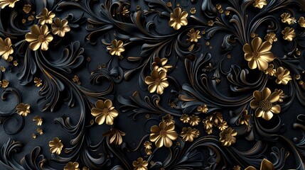 A close-up shot of a pattern of black flowers with gold outlines and subtle gold glitter, creating a luxurious and elegant backdrop.