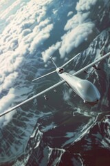 A plane flies high above a mountain range, capturing the majestic landscape below