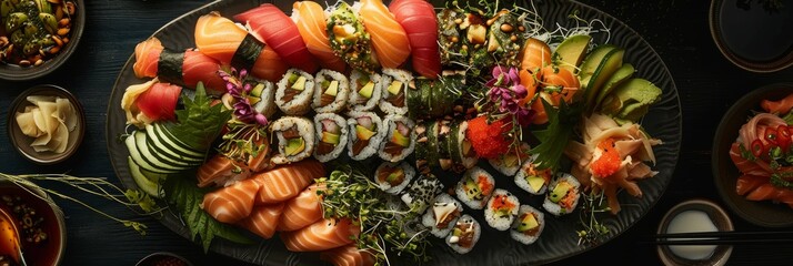 A close-up shot of an elegant sushi platter featuring a variety of rolls, sashimi, and garnishes. The platter is presented on a black plate with a dark background