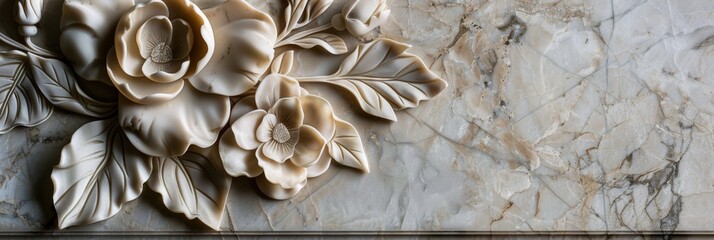 A closeup of a decorative marble panel with sculpted floral details, featuring a cluster of delicate blossoms and leaves