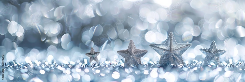 Poster silver stars float against a blurry sparkling backdrop, creating a dreamy and celestial atmosphere
