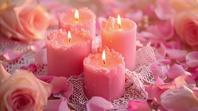 A stunning centerpiece of soft pink candles resting on a bed of delicate lace doilies surrounded by fresh flower petals. The warm and comforting glow of the candles adds a touch of