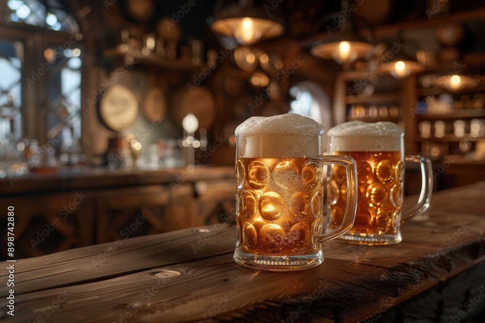 Poster two mugs of beer with a white head sit on a wooden bar top in a dimly lit pub. generative ai