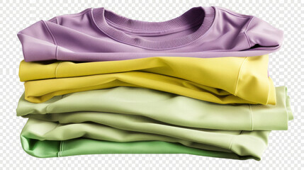 set of pile stack group of folded blank pastell yellow green purple tshirts