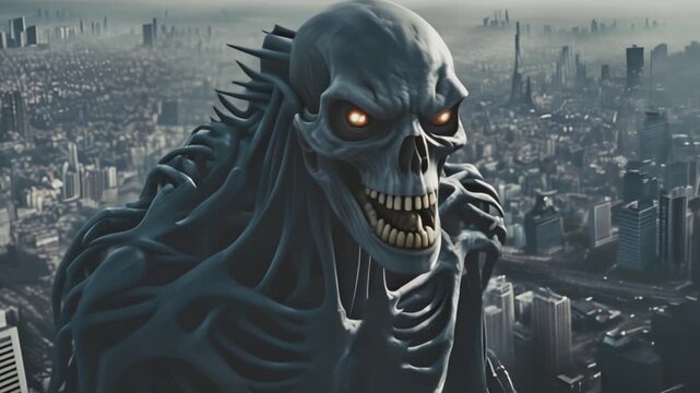 Skeleton giant monster with red glowing eyes, towering over the city coated by the fog. Anime apocalypse concept, monster attack. High quality 4k footage