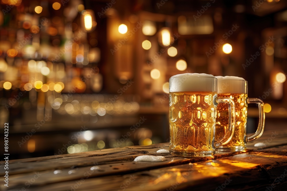 Poster two full beer mugs with white foam tops sit on a wooden counter in a bar, with a blurred bar counter