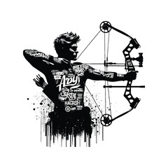 Archery  male player in graffiti tags, street art pattern illustration, emblem shield badge