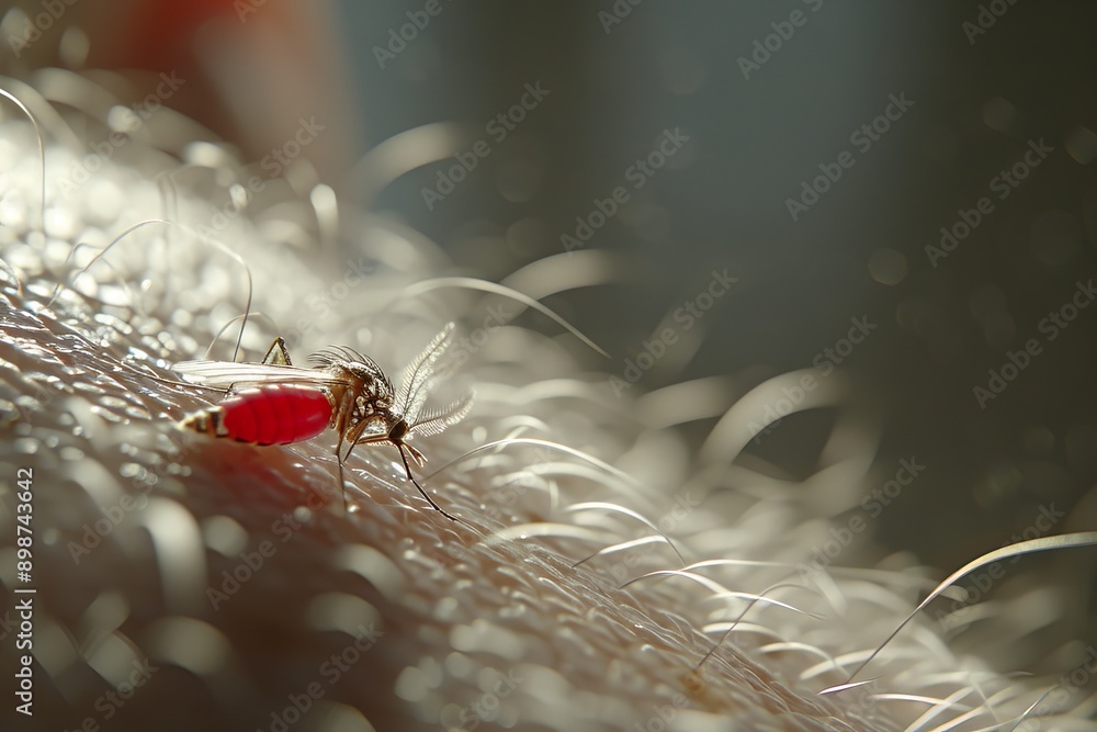Poster a mosquito on human skin with a small red insect in the foreground capturing the complex interaction