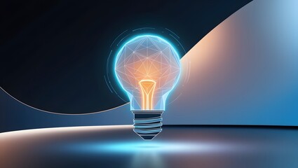 Innovation technology with holographic glowing low polygonal light bulb dark background.