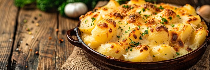A rustic wooden table with a serving of baked creamy potatoes topped with melted cheese