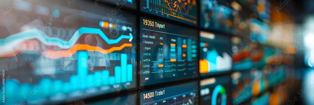 Poster a close-up view of a digital dashboard displaying various graphs, charts, and data points, highlight