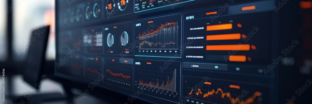 Poster a detailed close-up of a digital dashboard showcasing various key performance indicators and market 