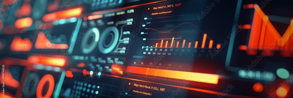 Poster a detailed close-up of a digital dashboard with various graphs and charts illustrating key performan