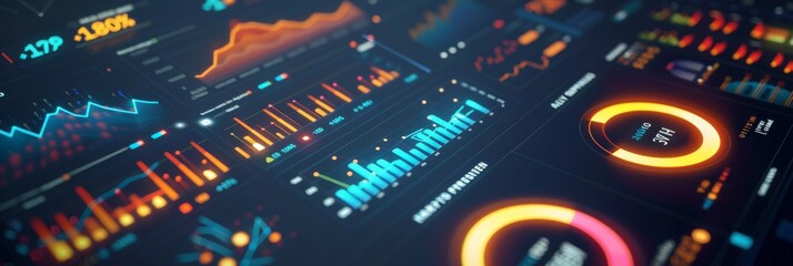 A close-up view of a digital dashboard screen displaying various charts, graphs, and data visualizations, likely representing real-time business performance metrics