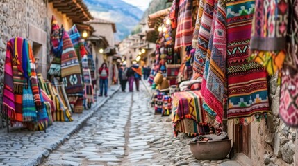 A colorful market with many different types of rugs and blankets. The atmosphere is lively and bustling with people walking around and browsing the goods
