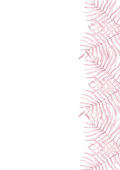 Hand drawn watercolor grey palm tree leaves post card frame border isolated on white background. Can be used for card, invitation, scrapbook and other printed products.