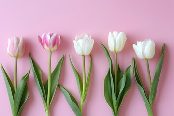 Fototapeta premium cheerful spring arrangement of pastel tulips on soft pink background flat lay composition with delicate blooms creates a fresh feminine aesthetic perfect for greeting cards or social media