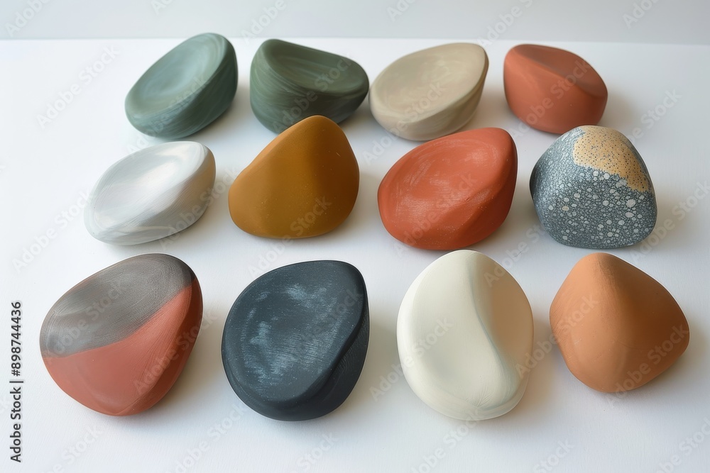 Poster a close up of colorful pebbles arranged neatly highlighting their textures and patterns in a minimal