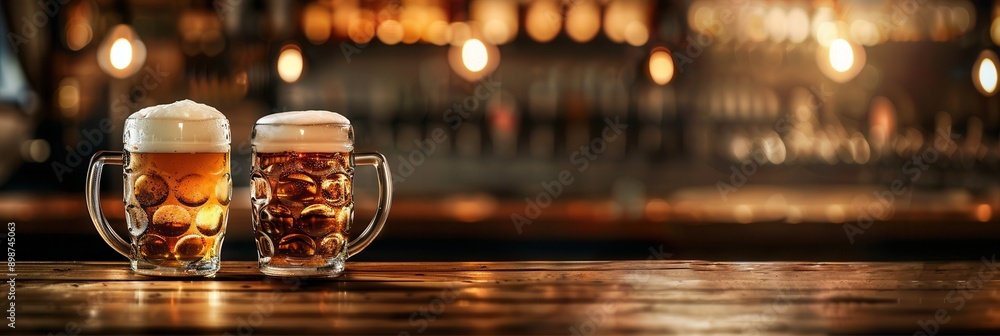 Poster two full mugs of beer with foam on top are sitting on a wooden bar counter. the counter is lit by wa