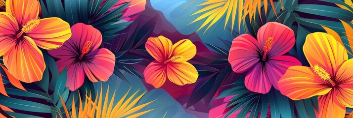 Vibrant Tropical Hibiscus Flowers and Palm Leaves