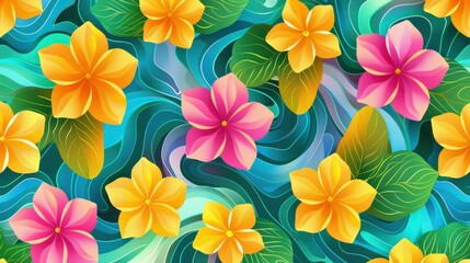 Obraz premium Vibrant Tropical Floral Pattern with Swirling